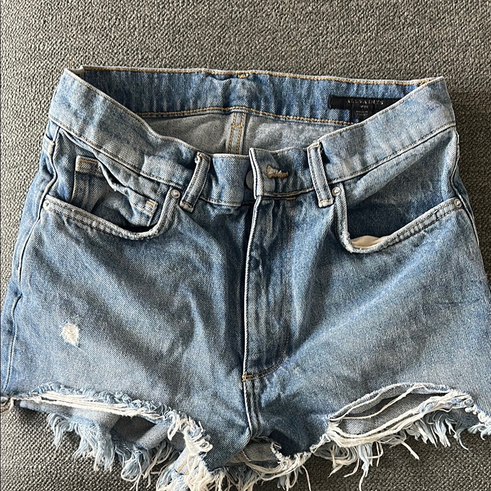 All Saints Blue High Waisted Jean Shorts with Frayed Hem